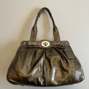 Coach Mia Gunmetal Pleated Patent Leather Carry All Shoulder Bag